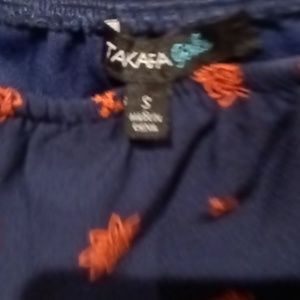 TAKAERA GIRLS blue orange paisley/floral print short jumper w elastic belt Sz Sm